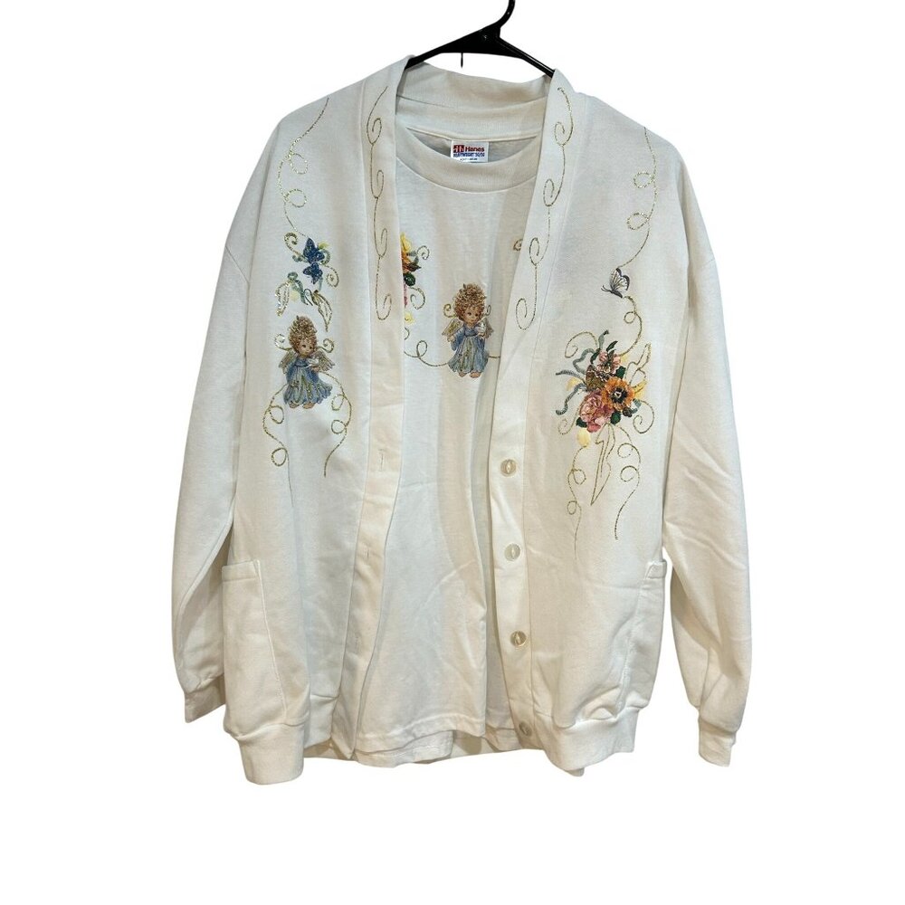 Angel  and Floral Embroidered White Cardigan T-Shirt Set  Sz XL
